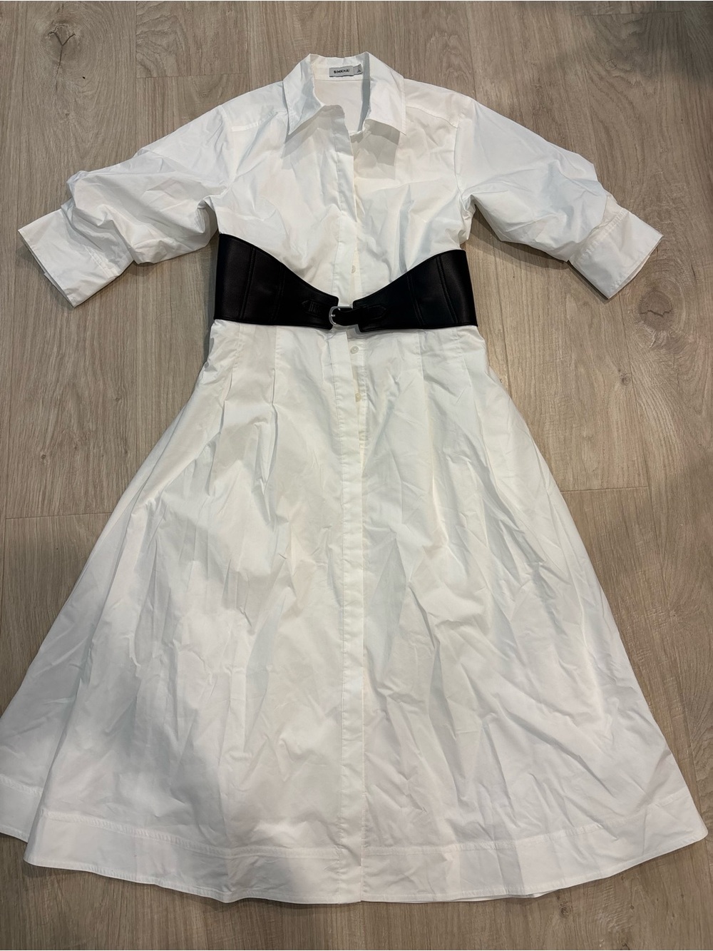 Simkhai White Shirt Dress with Black Waist Belt